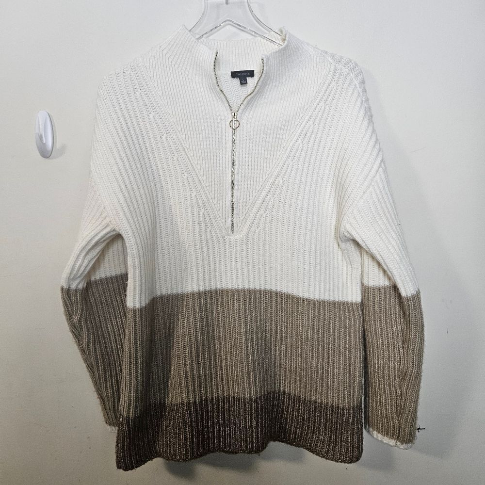 Talbots Chunky Knit 1/4 Zip Sweater Colorblock White Tan Large